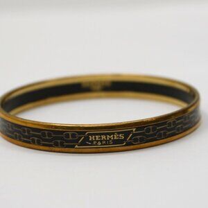 Hermes Black & Gold Enamel Anchor Chain Motif Bangle Bracelet